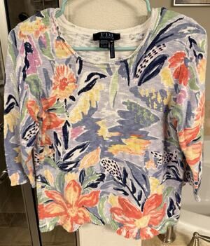 FDJ French Dressing Jeans Floral Knit Sweater Womens S Cotton Lt weight Colorful